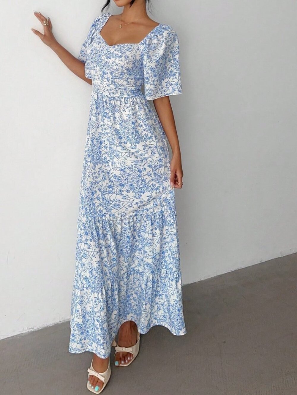 Baby Blue Boho Women's Short Sleeve Vacation Beach Music Festival Floral Dress - Picture 3 of 7